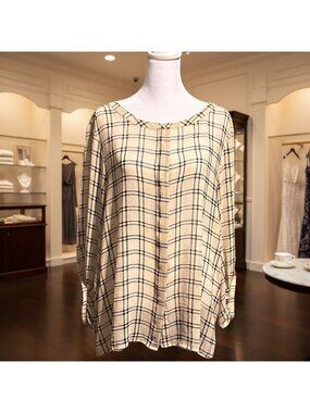 Loft Womens XL Beige Plaid Long Sleeve Blouse 100% Polyester Relaxed Fit